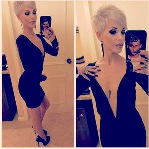 Black long sleeve mini dress with deep V plunge